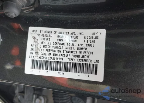 2015 Honda Accord Lx из США, поврежденный, VIN 1HGCR2F3XFA019594